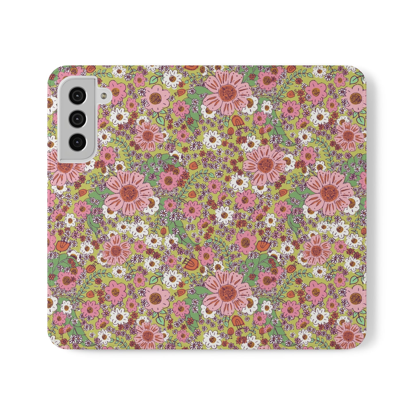 Cheerful Watercolor Flowers on Bright Green Flip Cases for Samsung