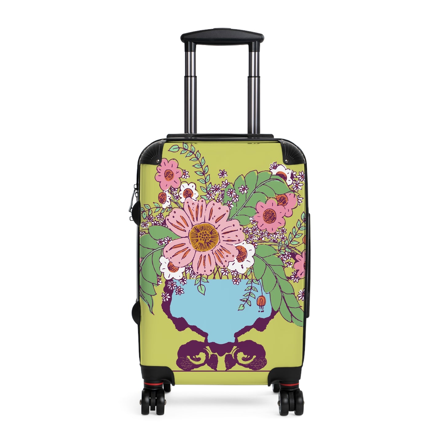 Cheerful Watercolor Flowers in Vase on Bright Green Suitcase