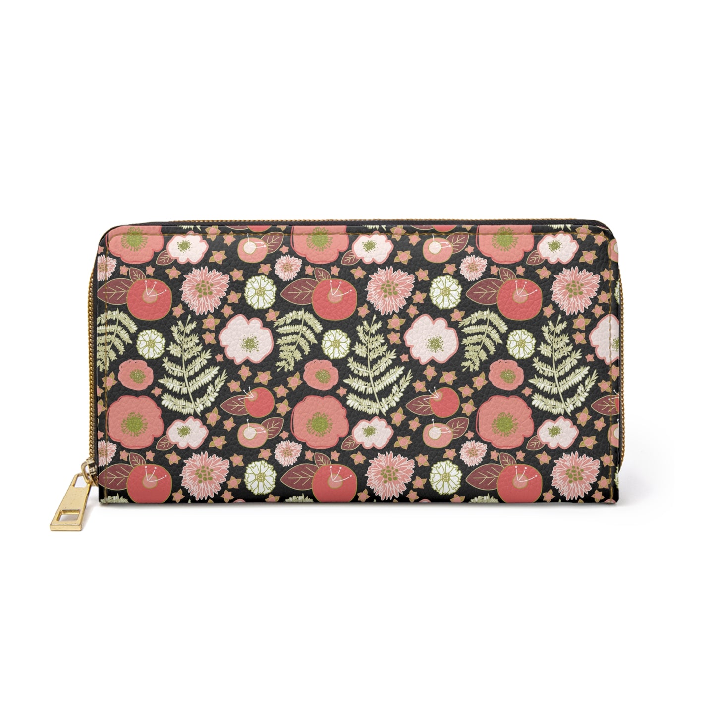 Coral Flowers on Black Zipper Wallet