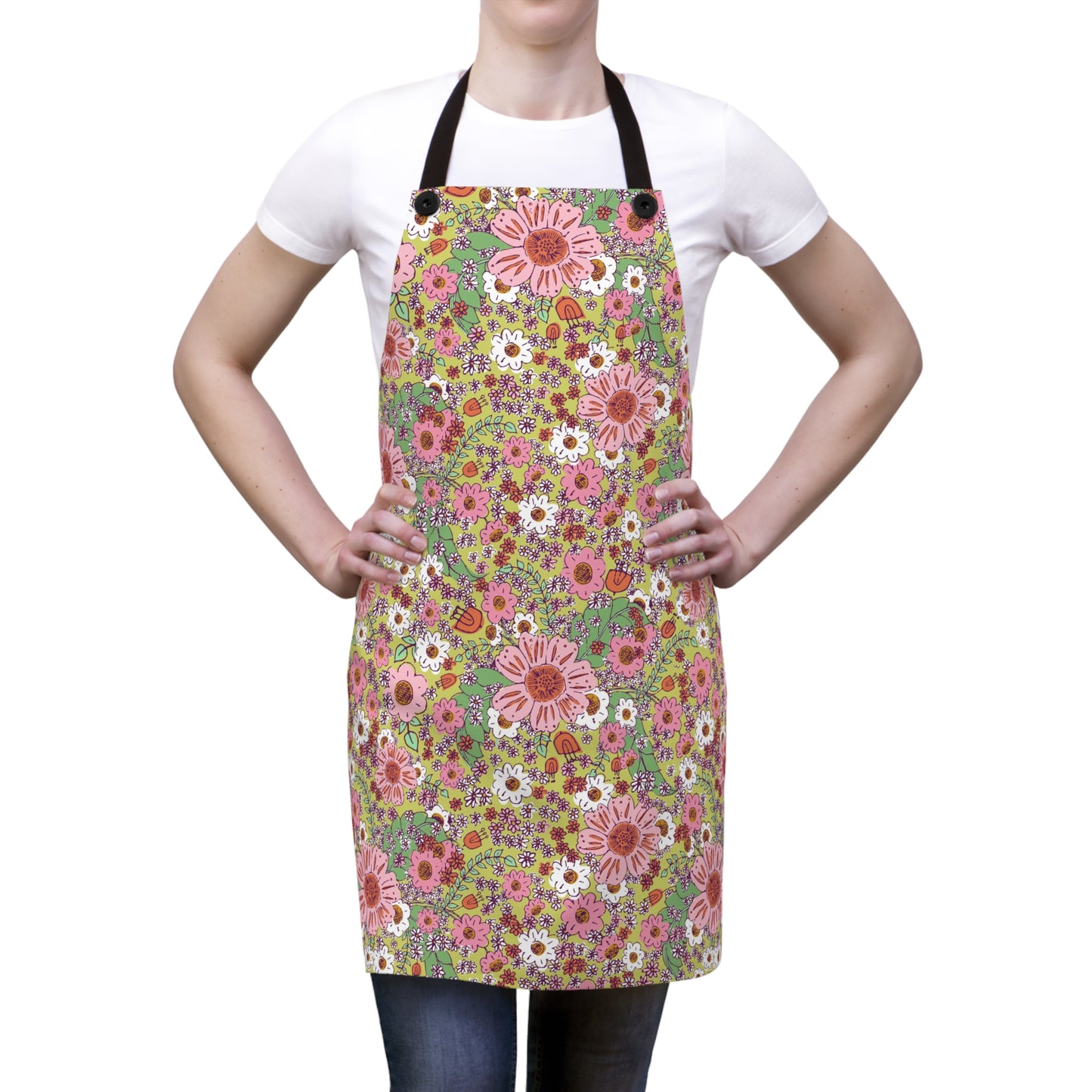 Cheerful Watercolor Flowers on Bright Green Apron