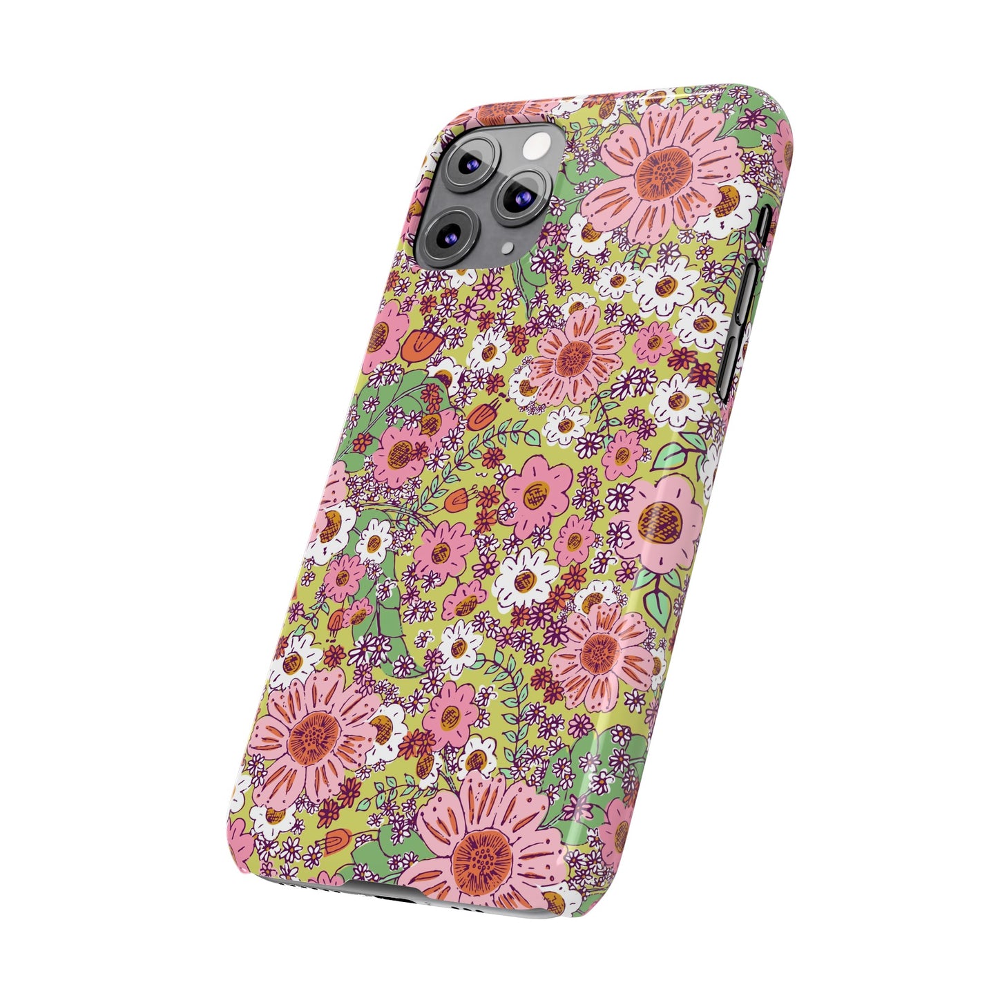 Cheerful Watercolor Flowers on Bright Green Slim Phone Cases