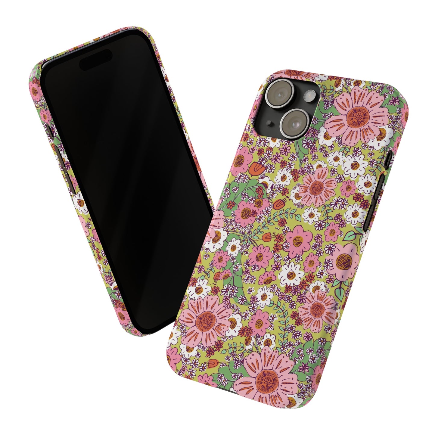 Cheerful Watercolor Flowers on Bright Green Slim Phone Cases