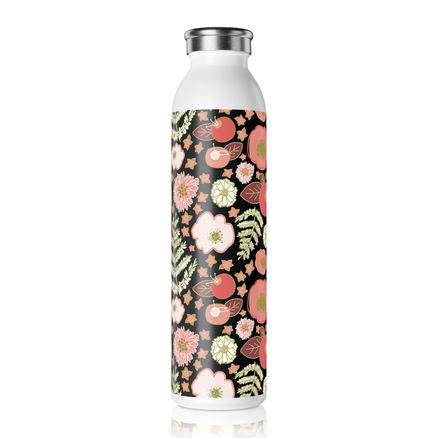 Coral Flowers on Black Slim Water Bottle