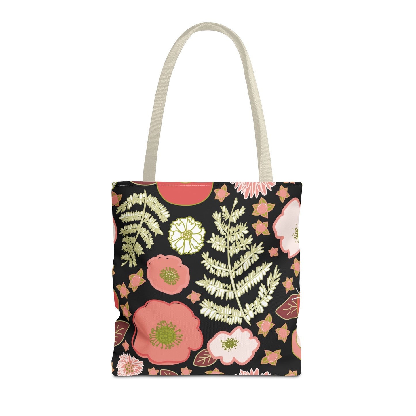 Coral Flowers on Black Tote Bag