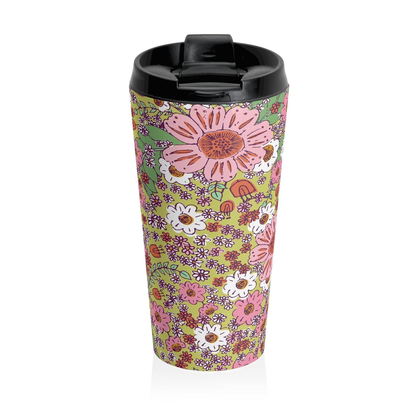 Cheerful Watercolor Flowers on Bright Green Stainless Steel Travel Mug