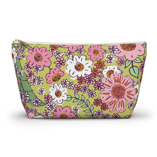 Cheerful Watercolor Flowers on Bright Green Accessory Pouch w T-bottom