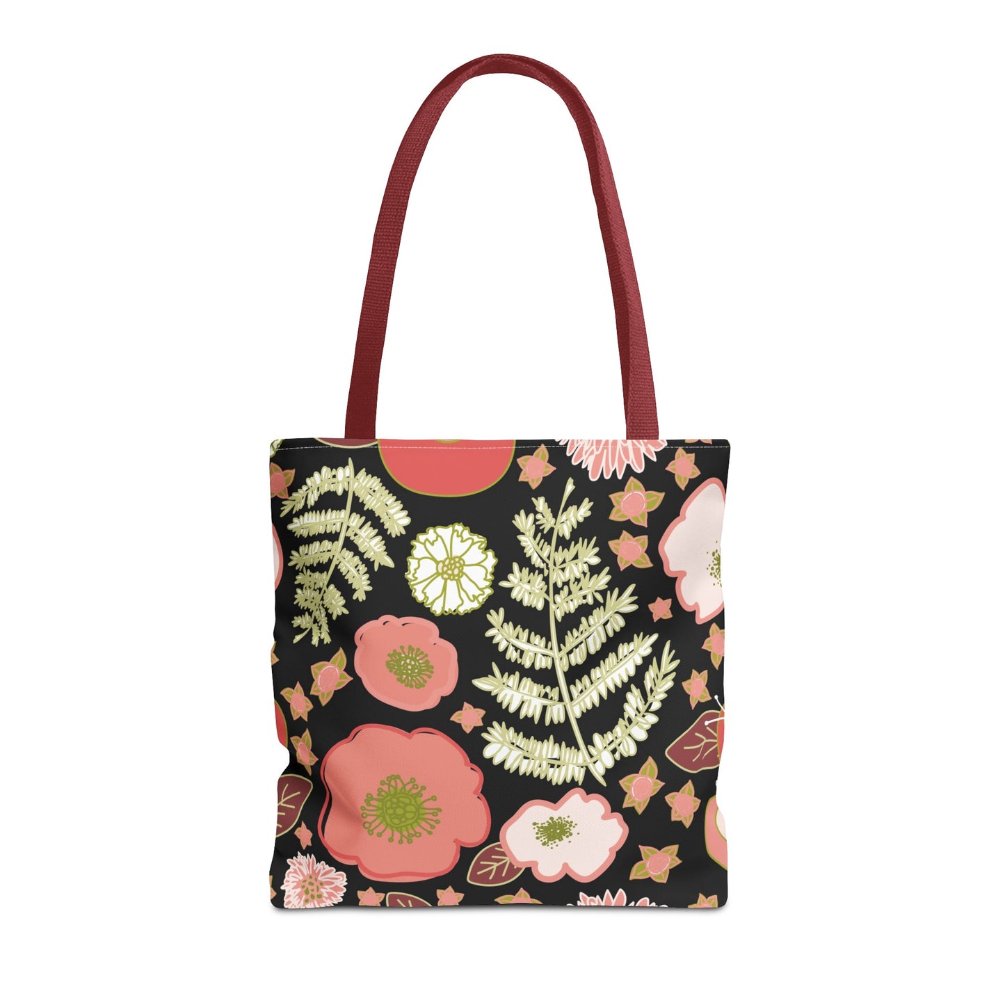 Coral Flowers on Black Tote Bag