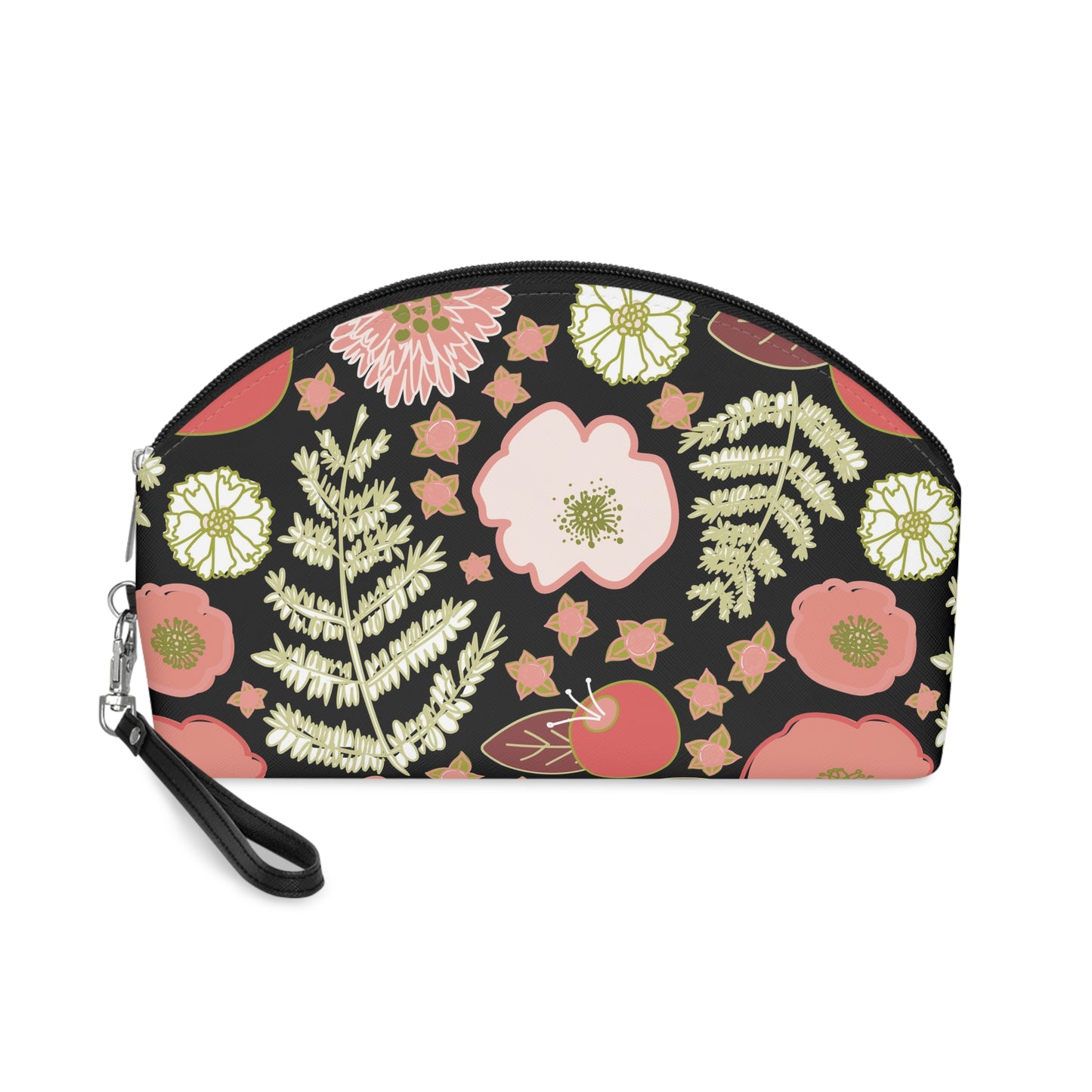 Coral Flowers on Black Makeup Bag