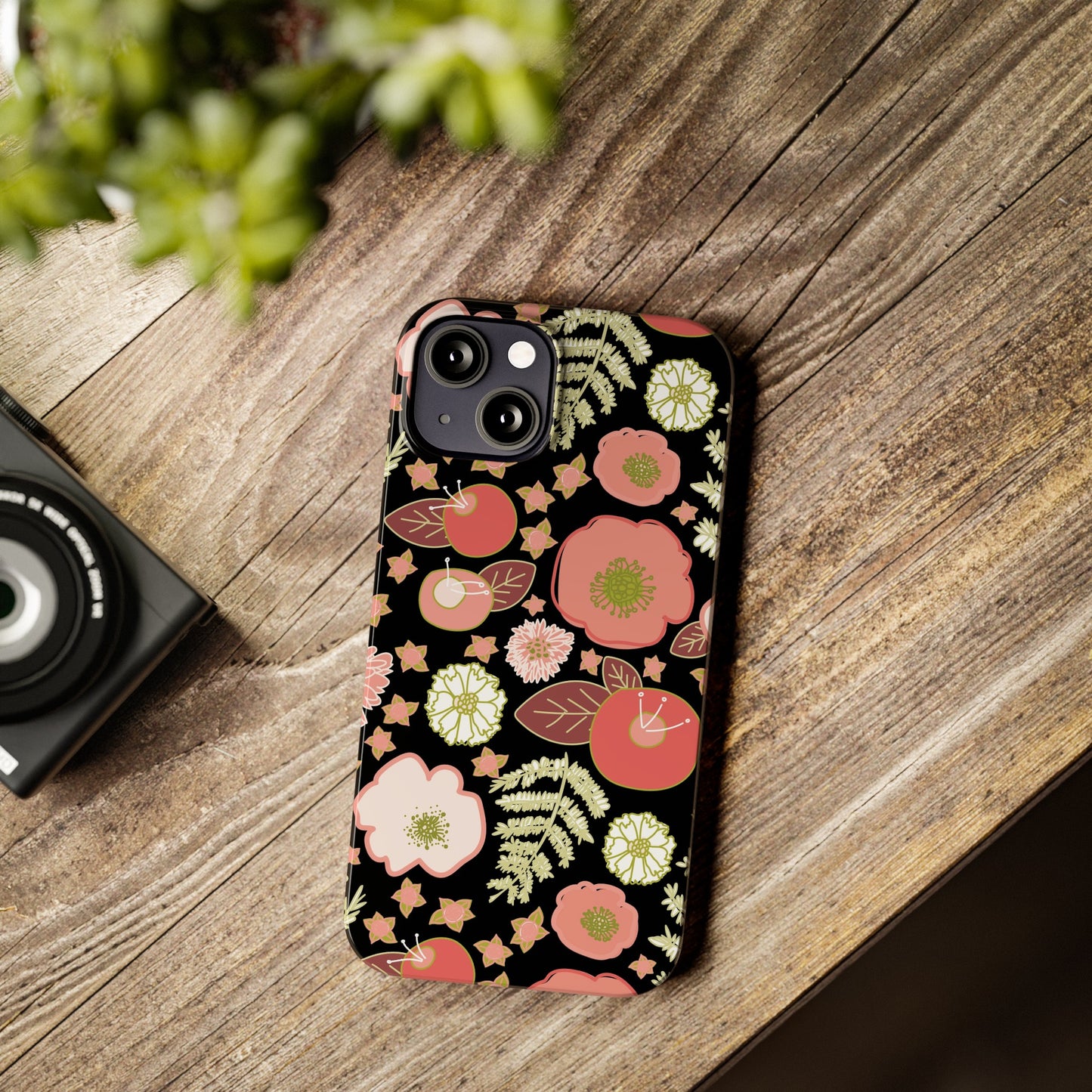 Coral Flowers on Black Slim Phone Cases