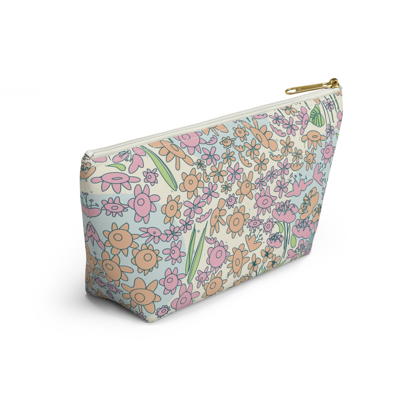 Orange and Pink Flowers on Blue Dot Accessory Pouch w T-bottom