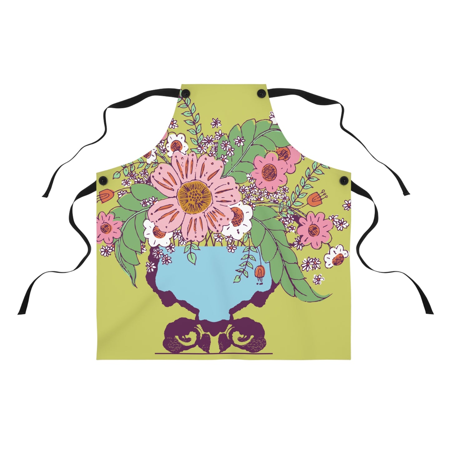 Cheerful Watercolor Flowers in Vase on Bright Green Apron