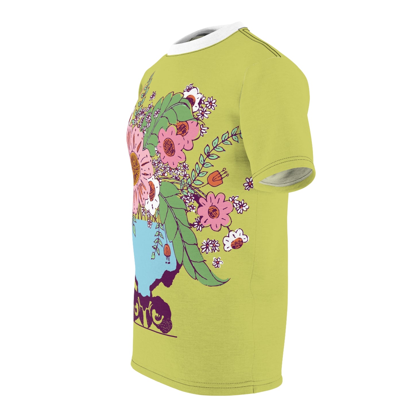 Cheerful Watercolor Flowers in Vase on Bright Green Tee
