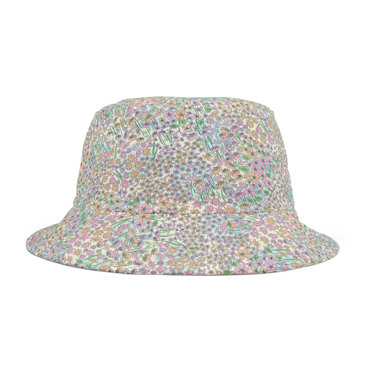 Orange and Pink Flowers on Blue Dot Bucket Hat