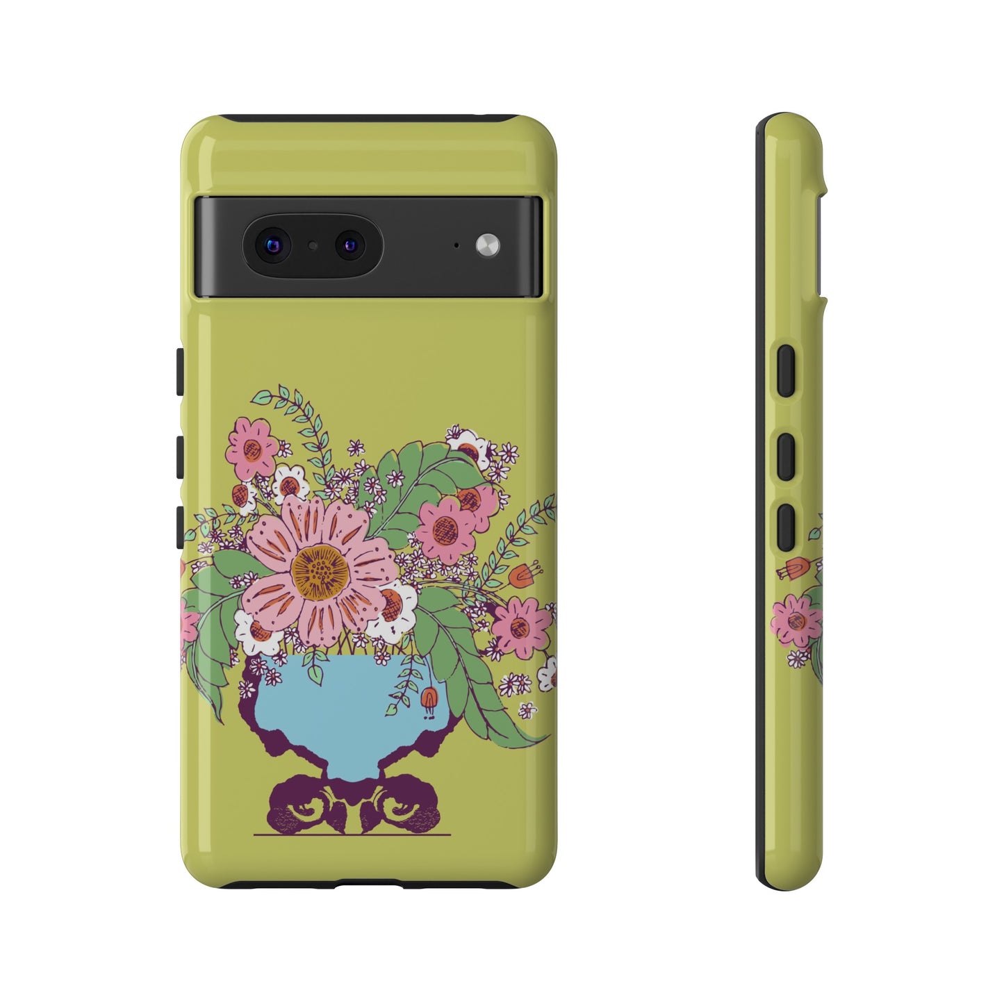 Cheerful Watercolor Flowers in Vase on Bright Green Tough Cases for Google Pixel