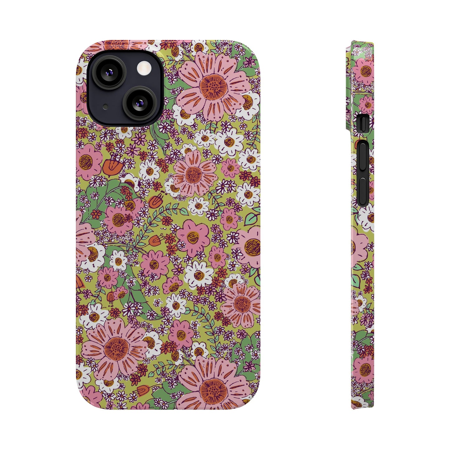 Cheerful Watercolor Flowers on Bright Green Slim Phone Cases