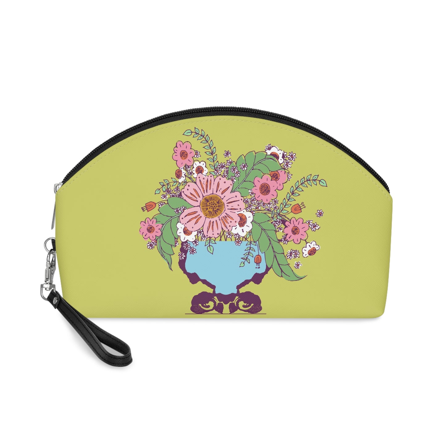 Cheerful Watercolor Flowers in Vase on Bright Green Makeup Bag