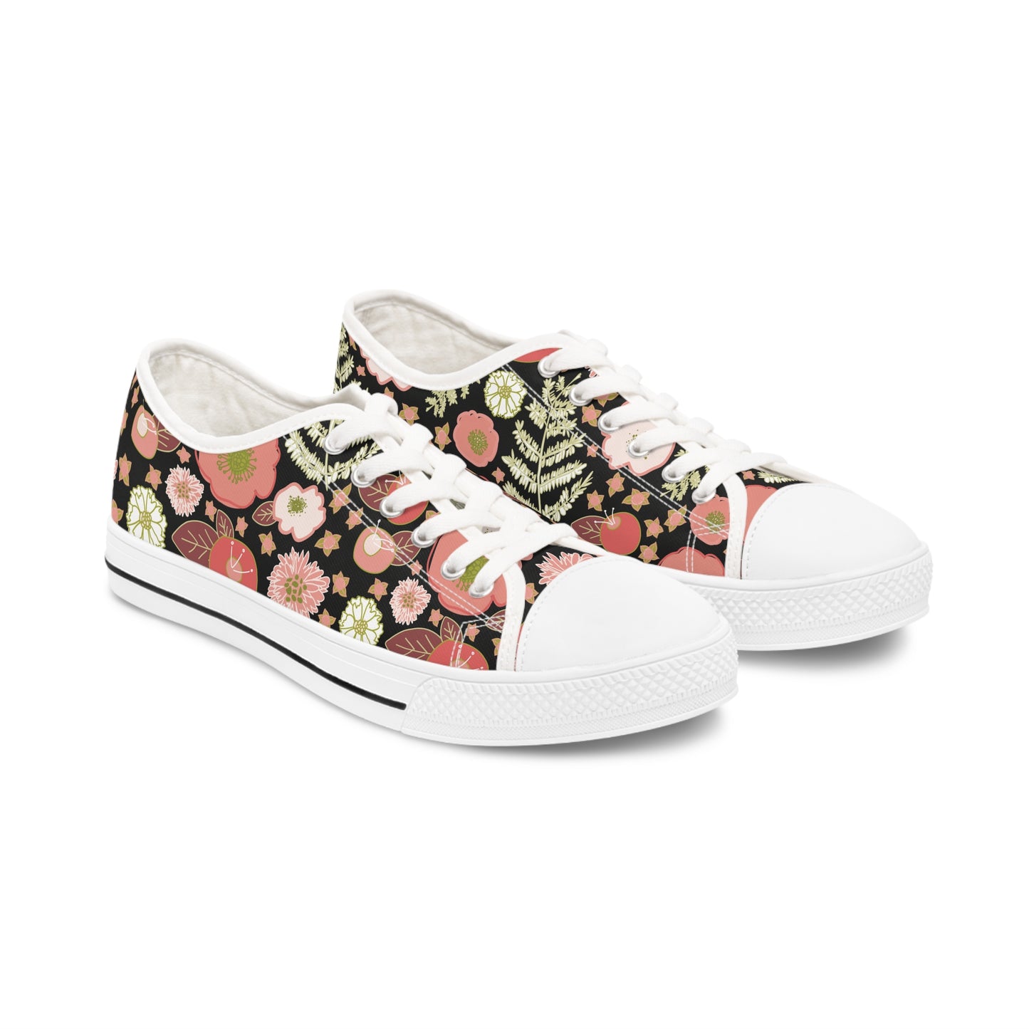 Coral Flowers on Black Women's Low Top Sneakers