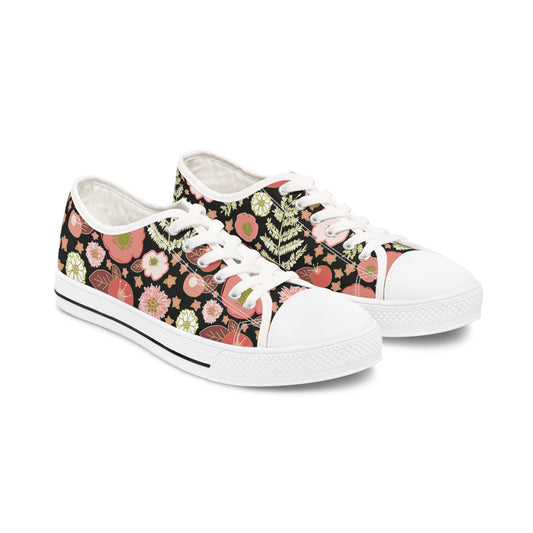 Coral Flowers on Black Women's Low Top Sneakers