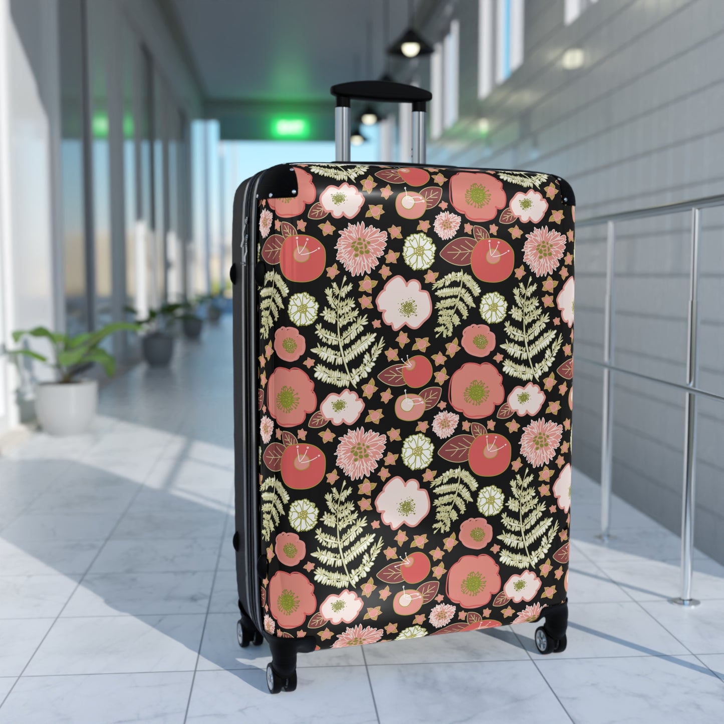 Coral Flowers on Black Suitcase