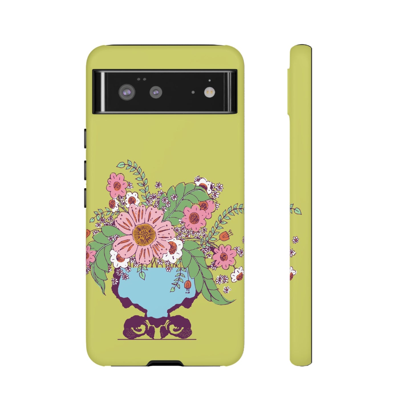 Cheerful Watercolor Flowers in Vase on Bright Green Tough Cases for Google Pixel