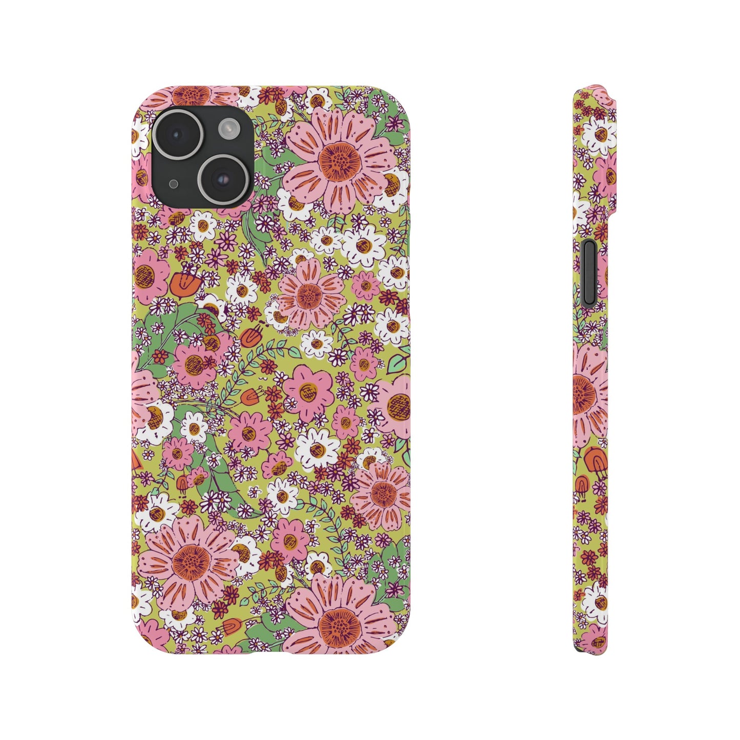 Cheerful Watercolor Flowers on Bright Green Slim Phone Cases