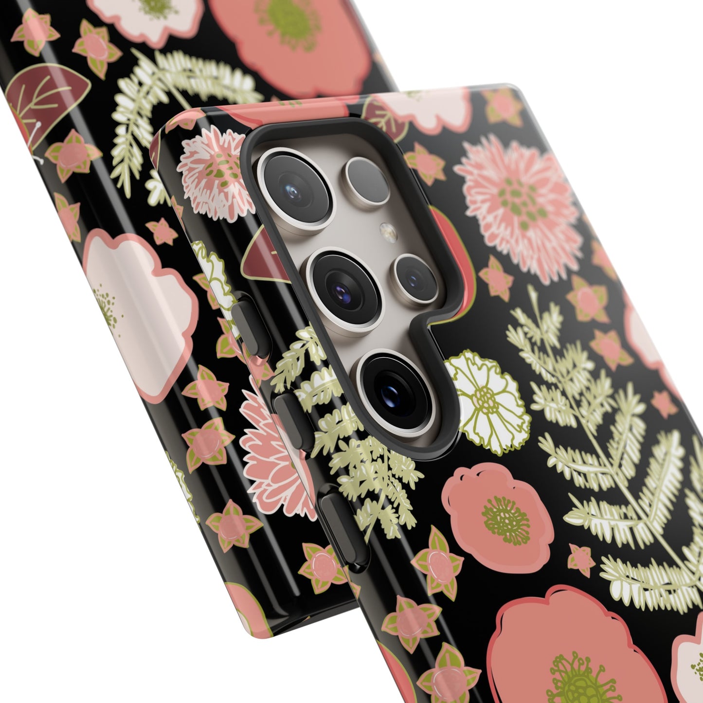 Coral Flowers on Black Tough Cases for Samsung