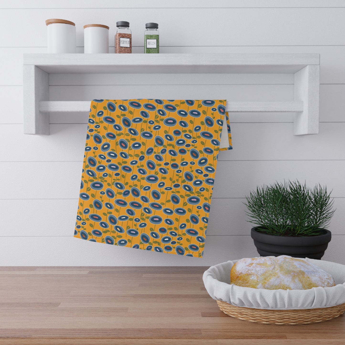 Blue Wildflowers on Bright Yellow Kitchen Towel