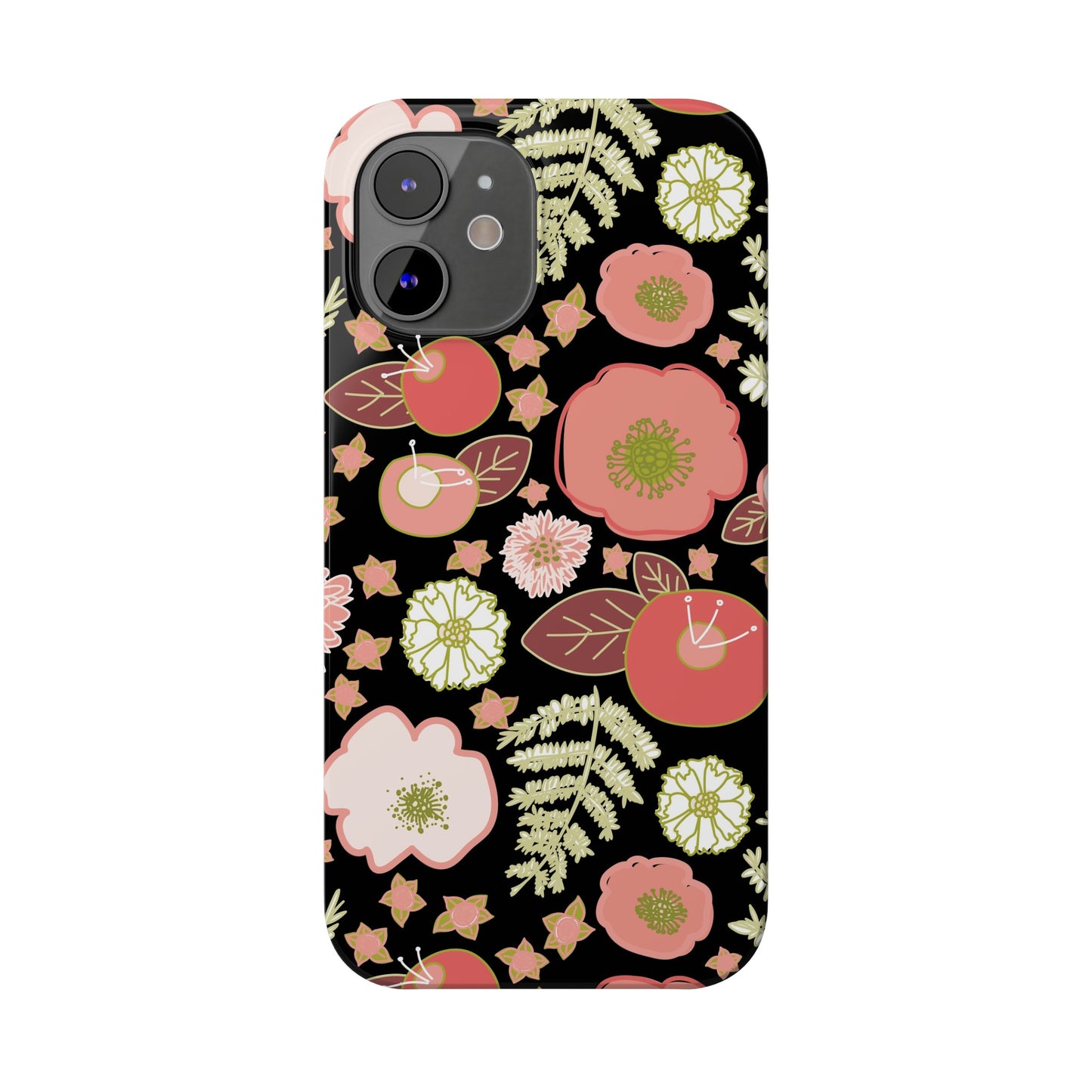 Coral Flowers on Black Slim Phone Cases