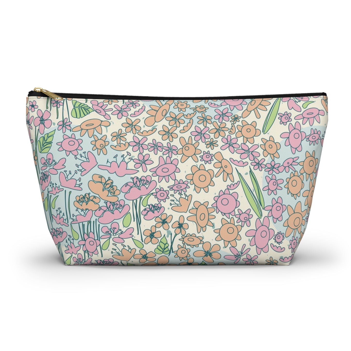 Orange and Pink Flowers on Blue Dot Accessory Pouch w T-bottom