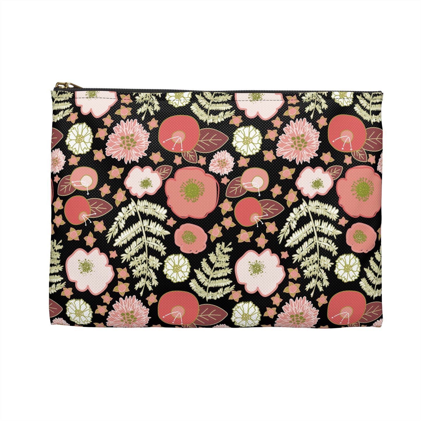 Coral Flowers on Black Accessory Pouch