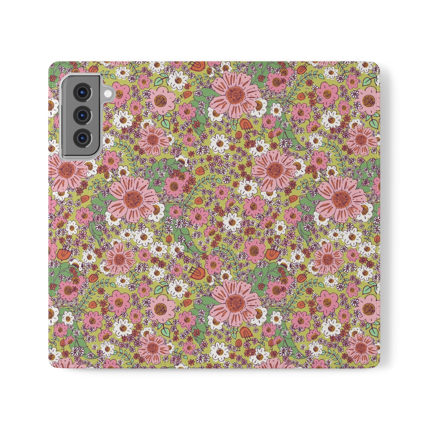 Cheerful Watercolor Flowers on Bright Green Flip Cases for Samsung