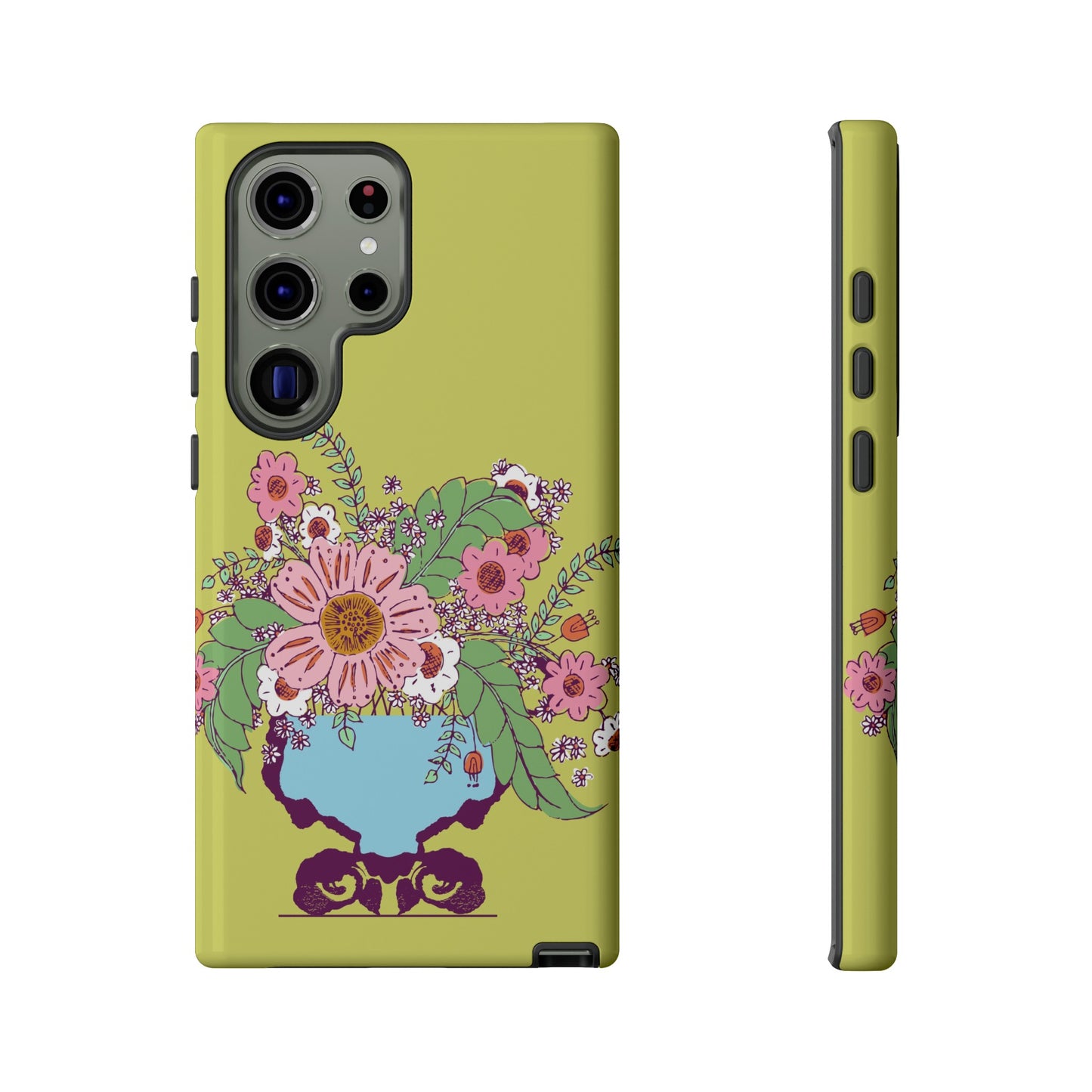 Cheerful Watercolor Flowers in Vase on Bright Green Tough Cases for Samsung