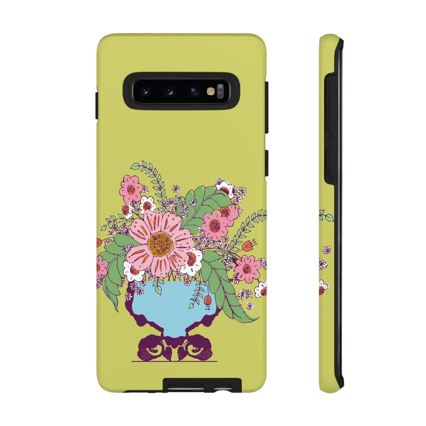 Cheerful Watercolor Flowers in Vase on Bright Green Tough Cases for Samsung