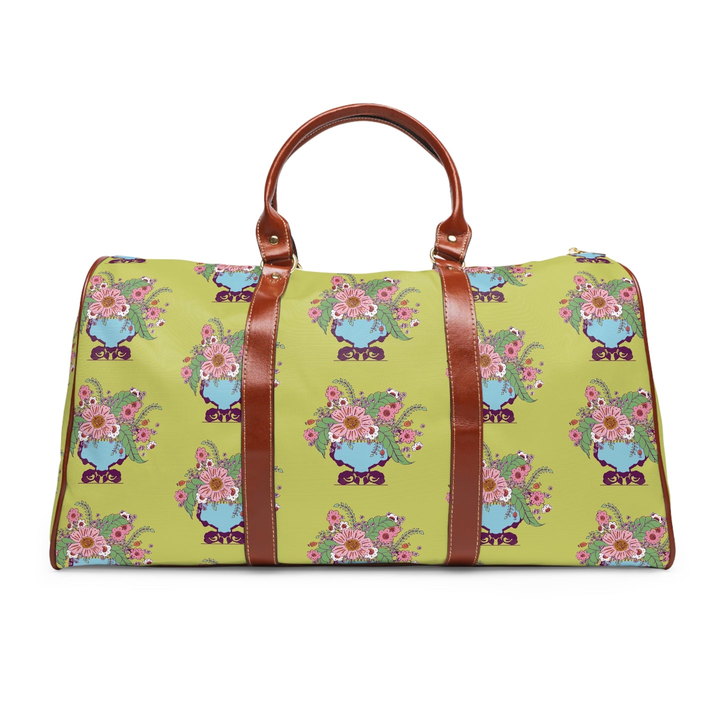 Cheerful Watercolor Flowers in Vase on Bright Green Waterproof Travel Bag