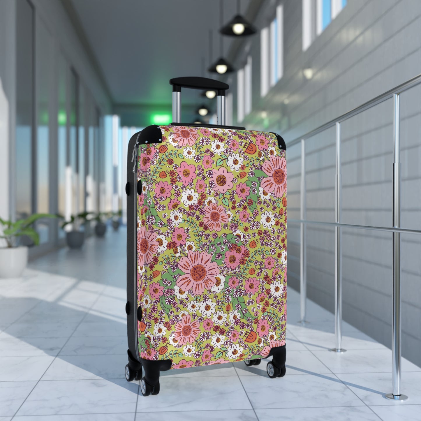 Cheerful Watercolor Flowers on Bright Green Suitcase