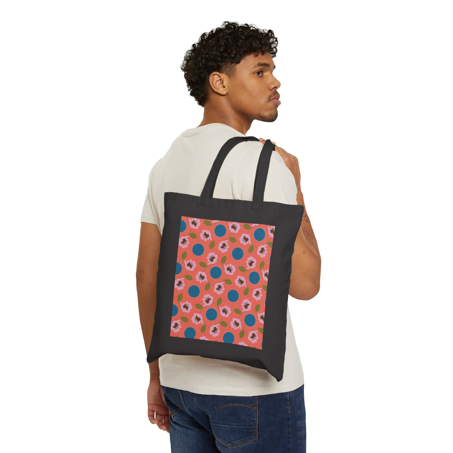 Wildflowers with Dots in Coral and Blue Cotton Canvas Tote Bag