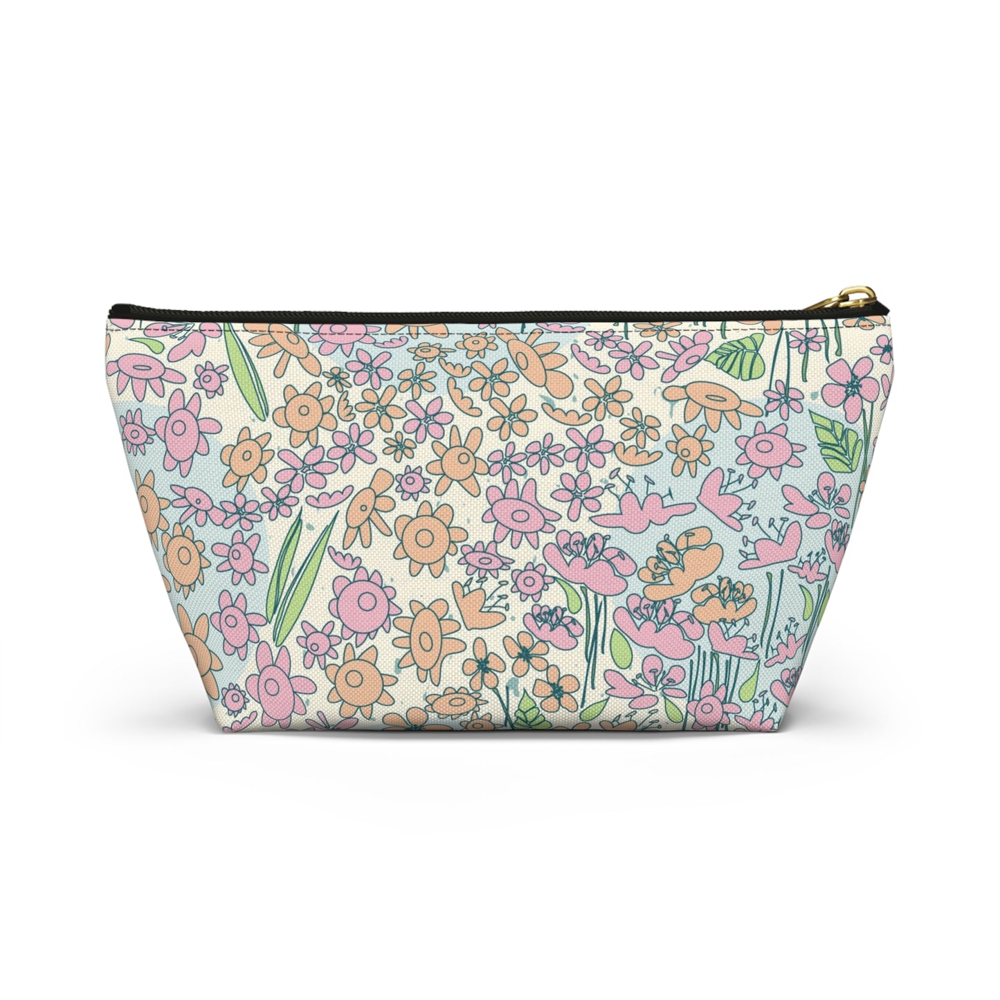 Orange and Pink Flowers on Blue Dot Accessory Pouch w T-bottom