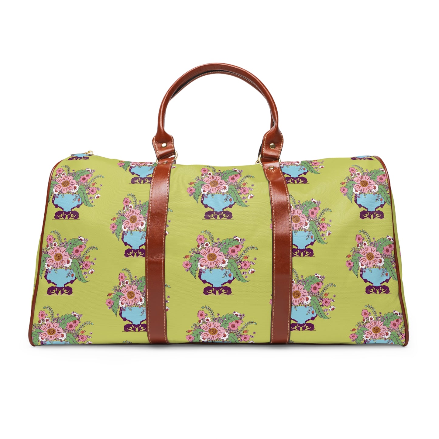 Cheerful Watercolor Flowers in Vase on Bright Green Waterproof Travel Bag