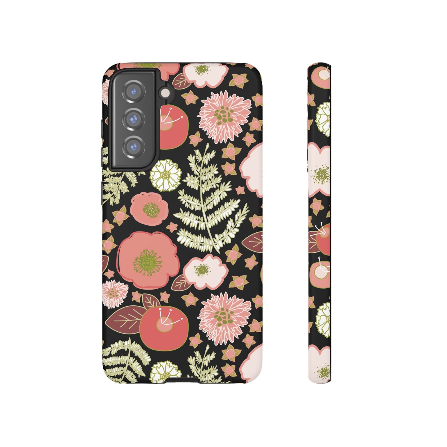 Coral Flowers on Black Tough Cases for Samsung