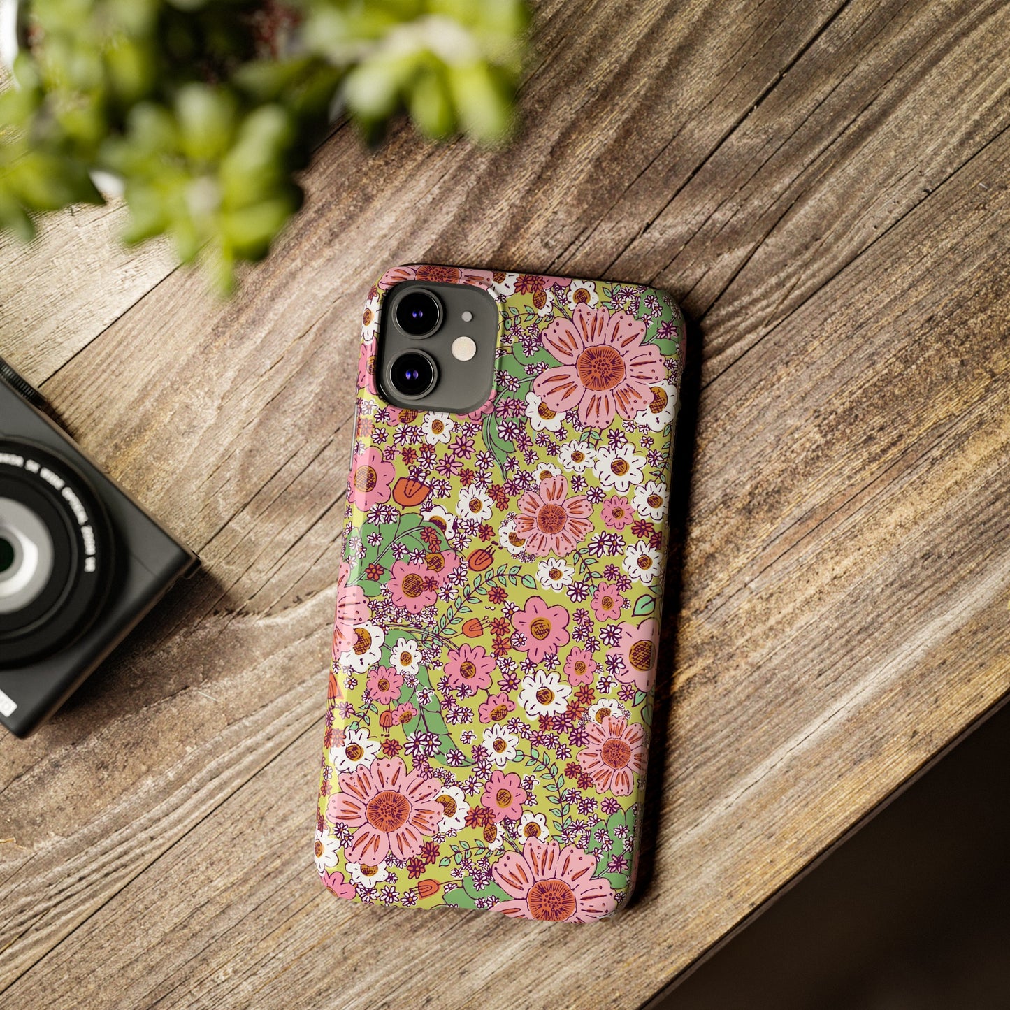 Cheerful Watercolor Flowers on Bright Green Slim Phone Cases