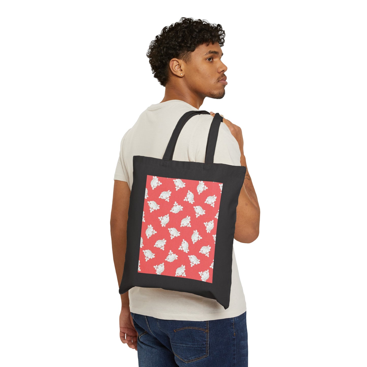 Cream Roses on Coral Cotton Canvas Tote Bag