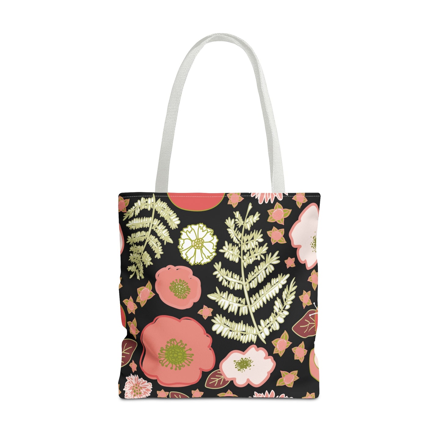 Coral Flowers on Black Tote Bag