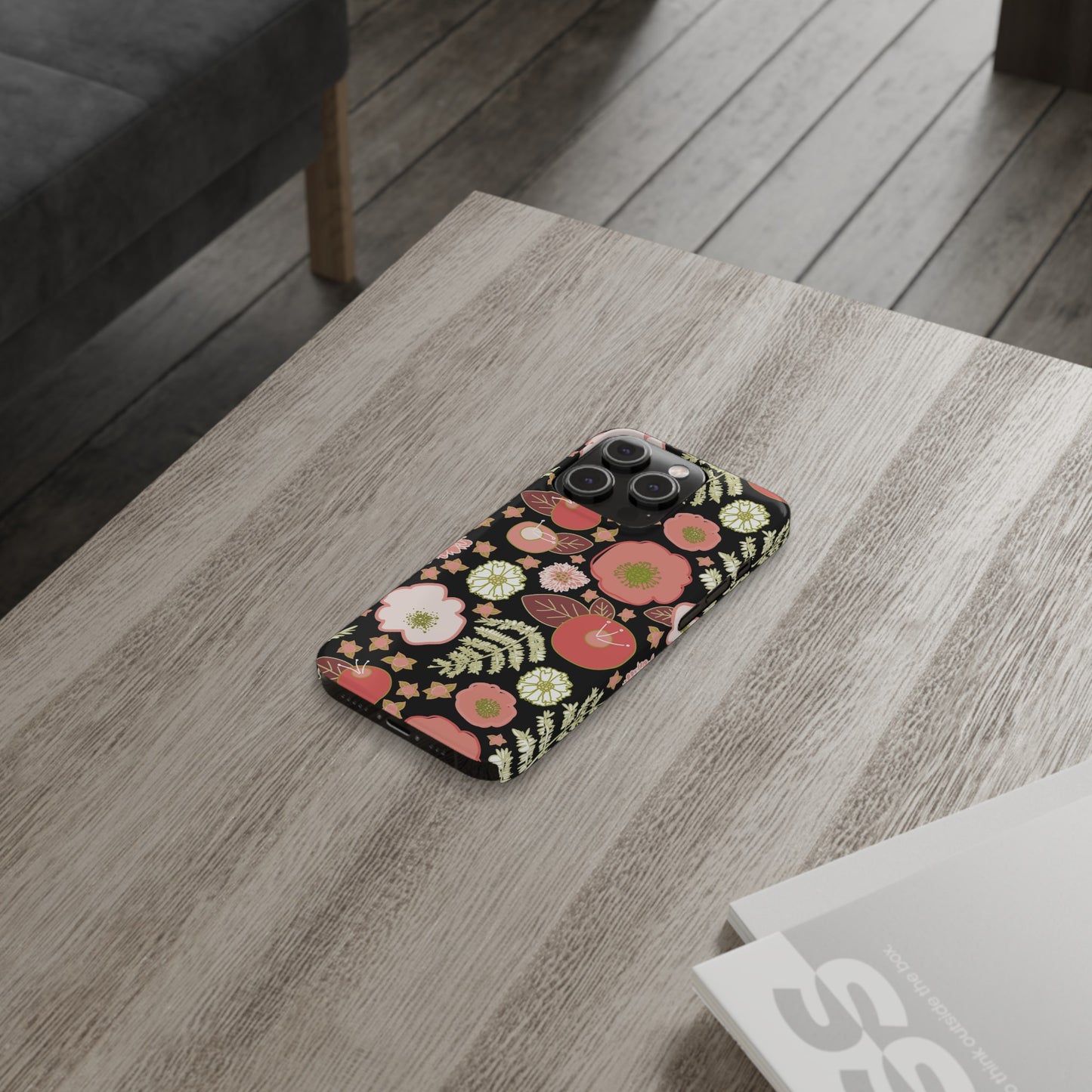 Coral Flowers on Black Slim Phone Cases