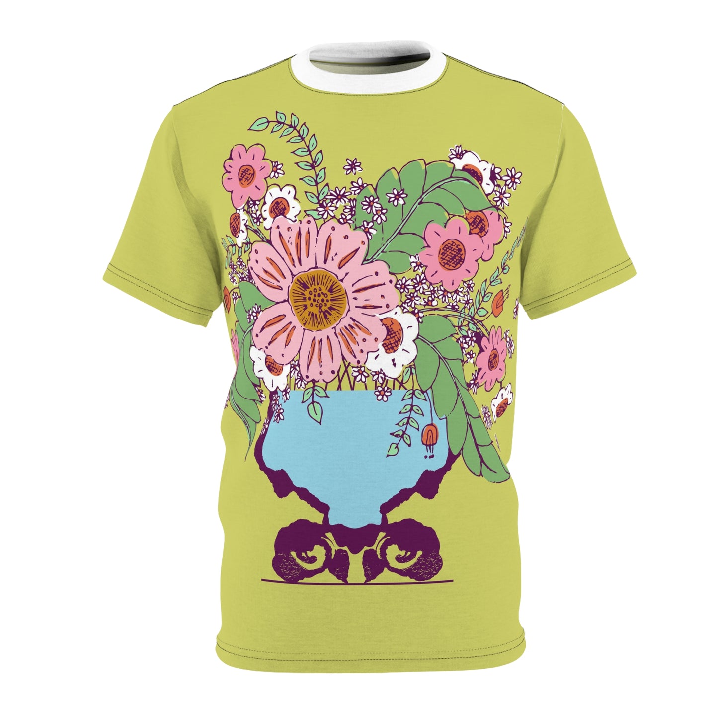 Cheerful Watercolor Flowers in Vase on Bright Green Tee