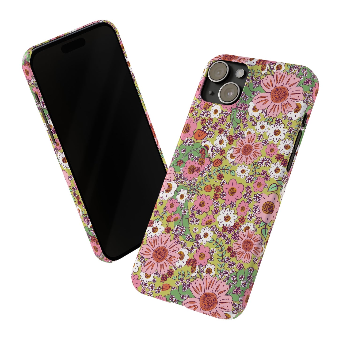 Cheerful Watercolor Flowers on Bright Green Slim Phone Cases