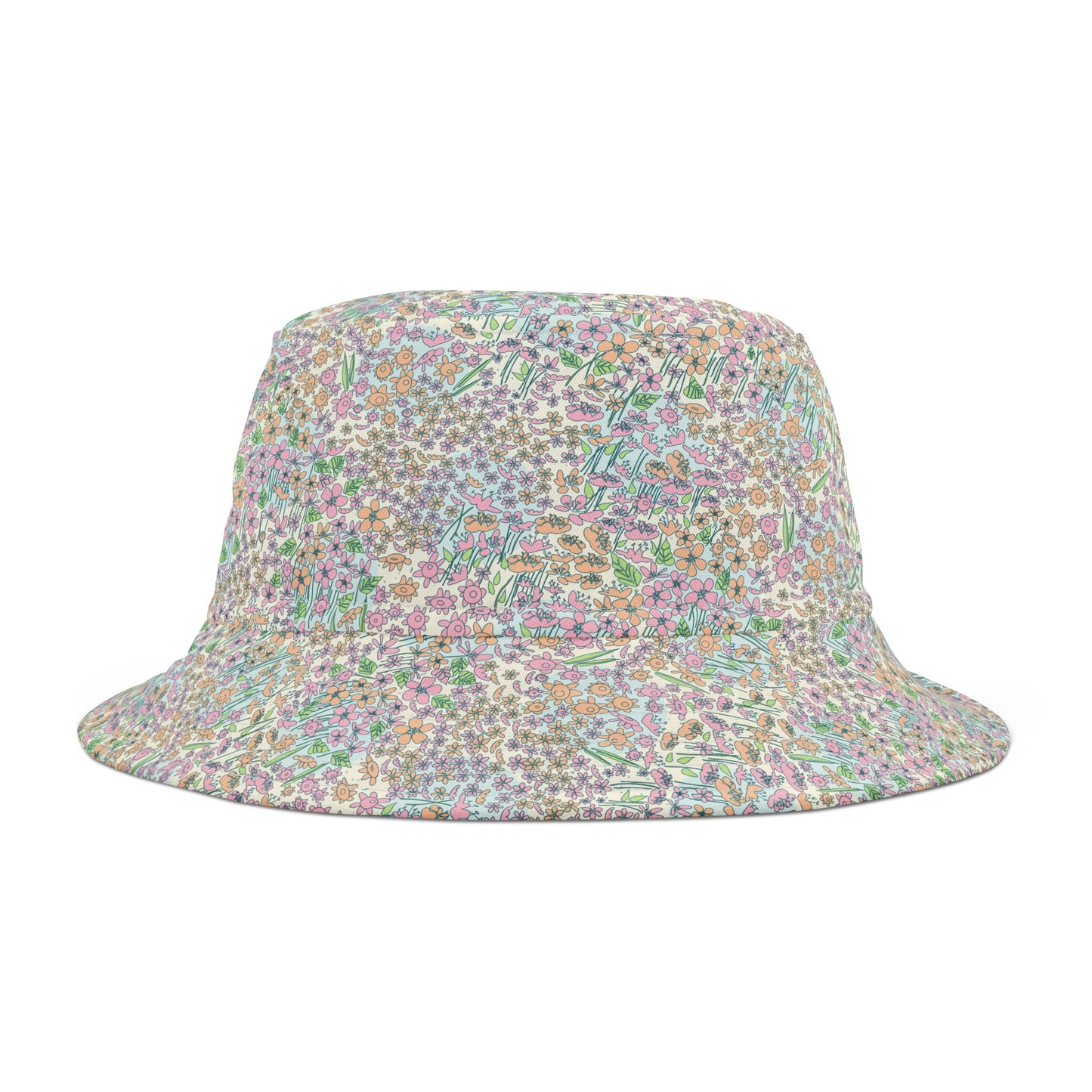 Orange and Pink Flowers on Blue Dot Bucket Hat