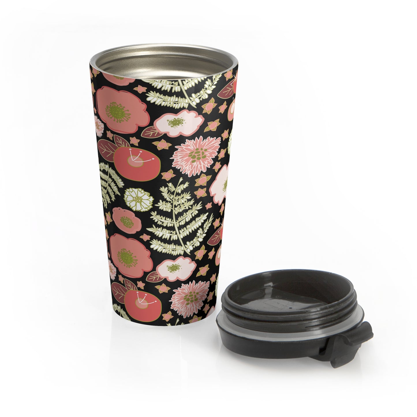 Coral Flowers on Black Stainless Steel Travel Mug