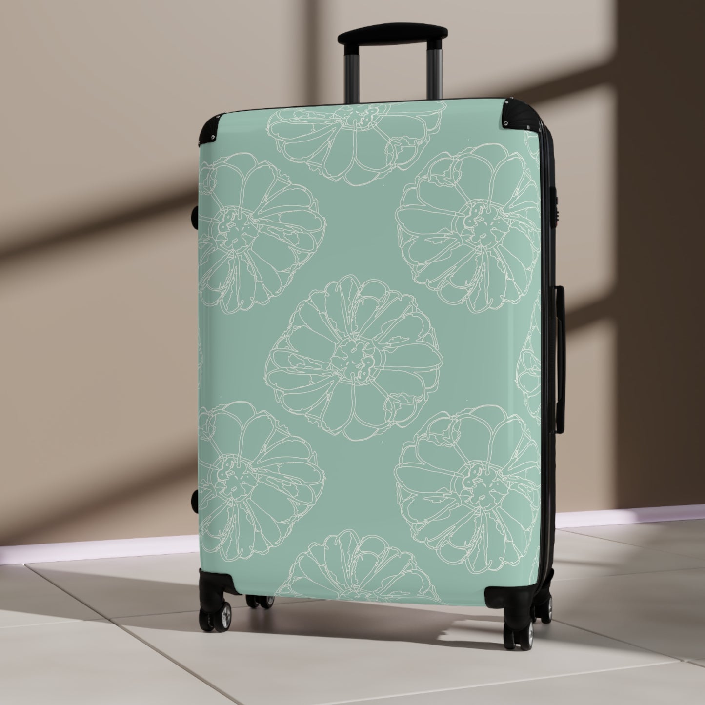 Cream Flower Outline on Aqua Suitcase