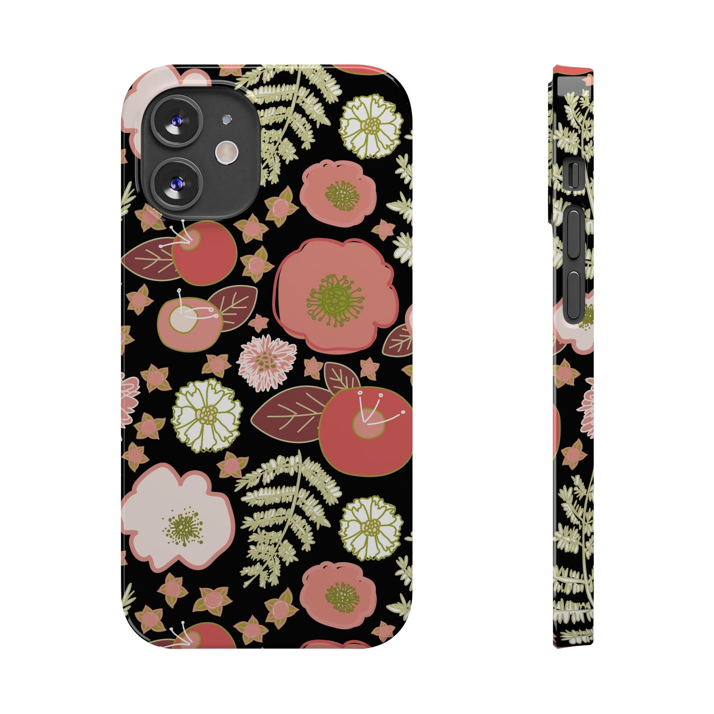 Coral Flowers on Black Slim Phone Cases