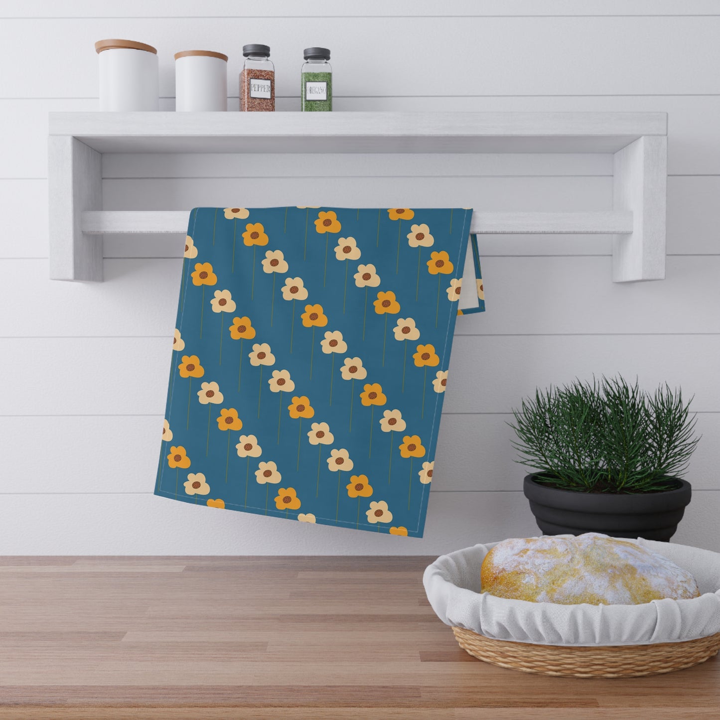 Yellow Wildflowers on Blue Kitchen Towel